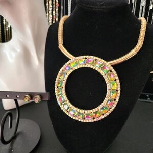 Gold with Green AB Iridescent Crystal Stones Round Circle Necklace Earrings Set